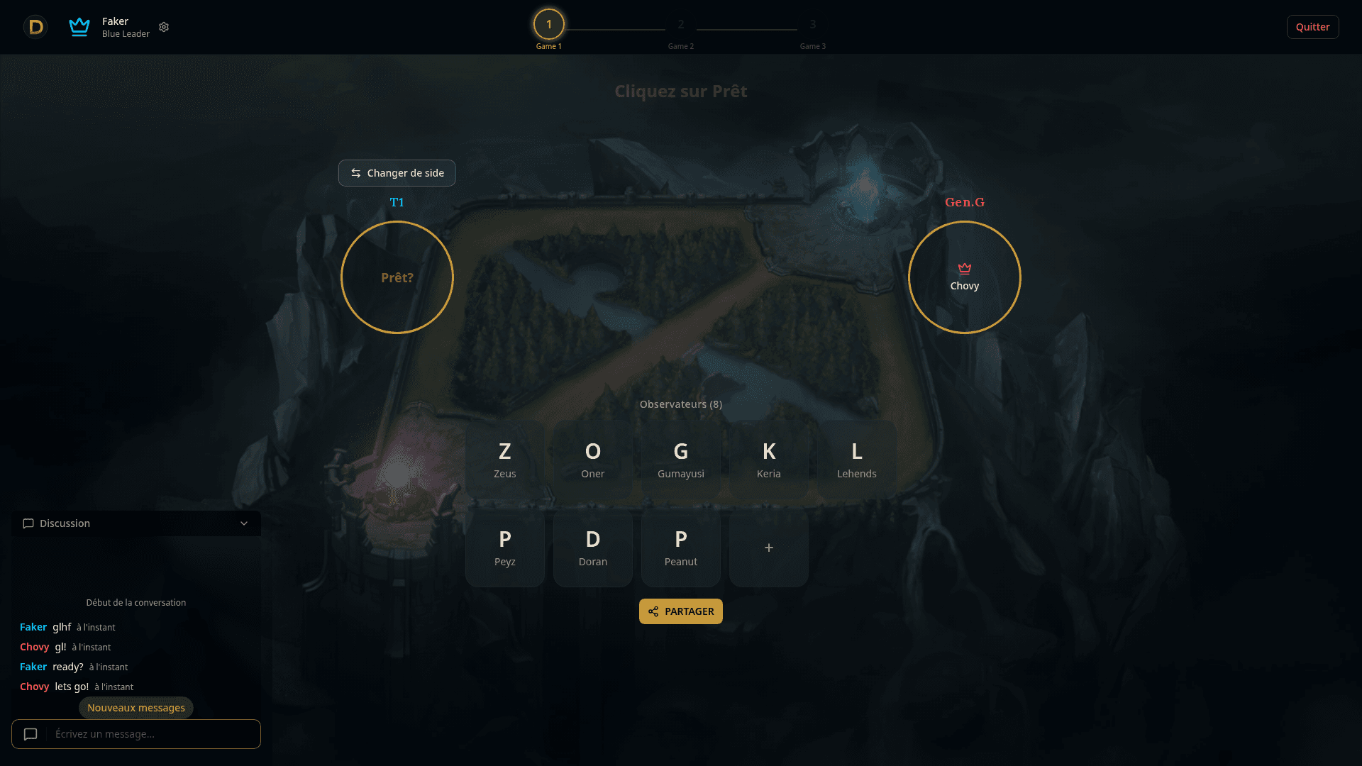 Lobby de draft avec les deux équipes prêtes