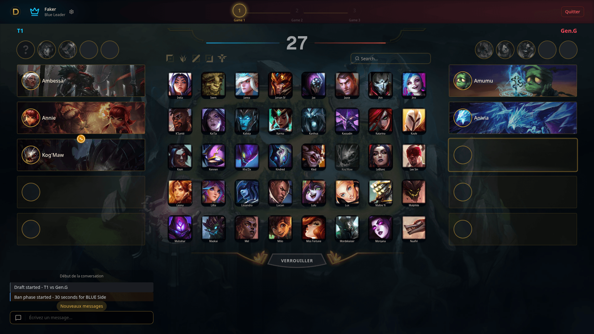 Phase de pick avec bans et sélections de champions