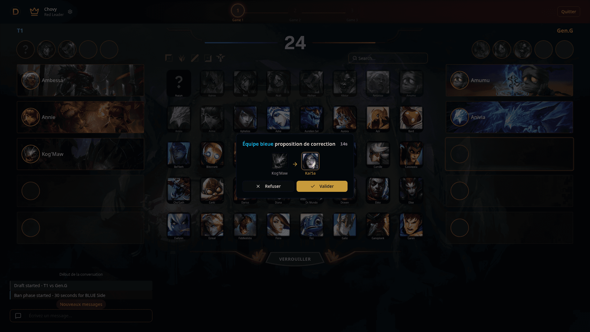 Phase de correction pour échanger un champion